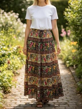 Vintage Zero Zero Floral Boho Maxi Skirt Drawstring Cotton M